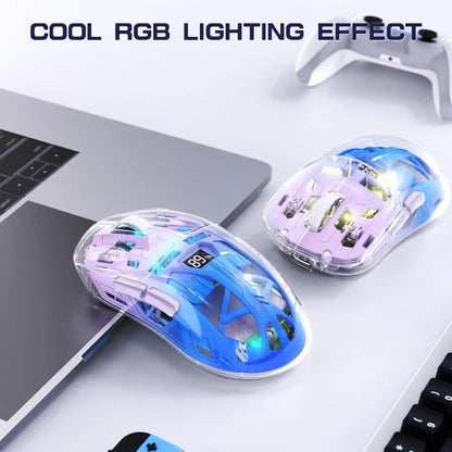 Rato Gaming Sem Fios Transparente A2, BT 5.0/2.4G para PC, Recarregável, RGB, com Ecrã Digital, PixArt 3212, 5 Níveis de DPI Ajustáveis