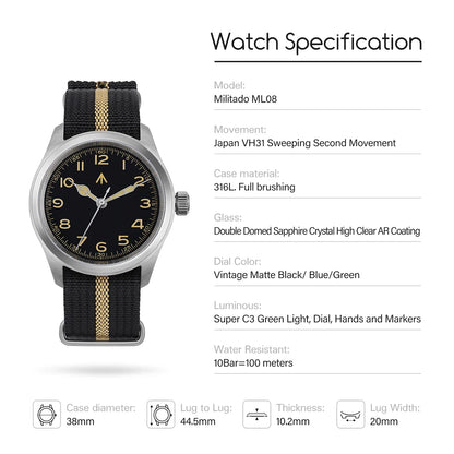Relógio de Quartzo Vintage Militar Militado ML08 V2 com Movimento VH31, Vidro Duplo de Safira, Luminescência C3 BGW-9, Impermeável, 38mm