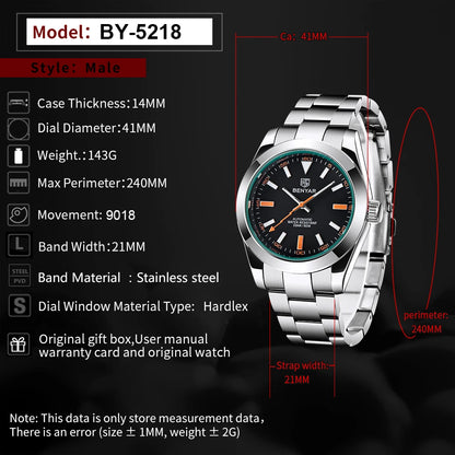 2026 New BENYAR White Mens Watches Top Luxury Automatic Watch For Men Mechanical Stainless Steel Luminous Sports Wristwatches