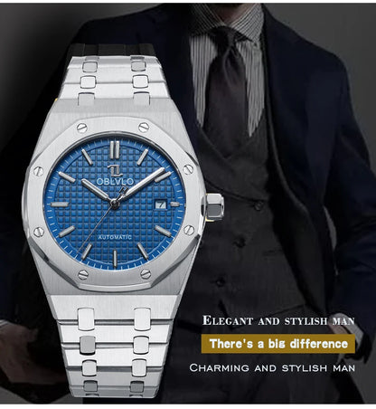 OBLVLO TM-ASP Luxury Men's Watch 41mm Blue Dial Rose Gold Automatic Luminous Waterproof Mechanical Casual Business Watch