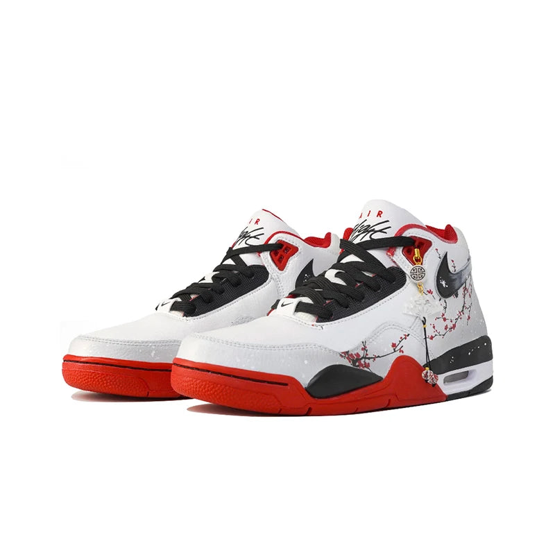 Custom Sneakers Nike Flight Legacy Plum Blossom in Snow Chinese Style Retro Mid Top Basketball Shoes with Pendant For Men