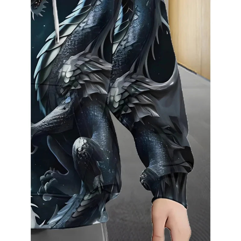 Mens Dragon Print Zipper Hoodie Outdoor Activities Travel Drawstring Long Sleeve Hoodies Autumn Winter Oversize Man Sweatshirts
