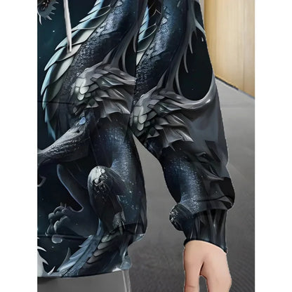 Mens Dragon Print Zipper Hoodie Outdoor Activities Travel Drawstring Long Sleeve Hoodies Autumn Winter Oversize Man Sweatshirts