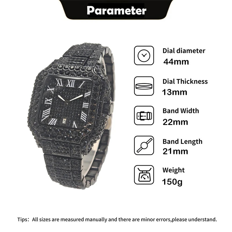 UNIGUET Cool Men's Watch Luxury Stainless Steel Quartz Watch Hip Hop Black Diamond Square Design Fashion Iced Wristwatch for Men