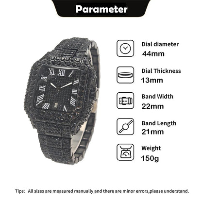 UNIGUET Cool Men's Watch Luxury Stainless Steel Quartz Watch Hip Hop Black Diamond Square Design Fashion Iced Wristwatch for Men