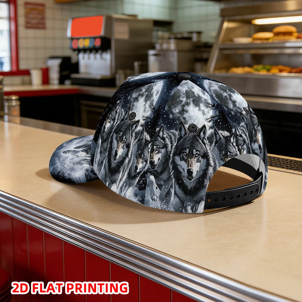 Classic Baseball Cap Featuring a 2D Flat Print of Wolves Under a Full Moon a Lightweight Adjustable Duckbill Hat