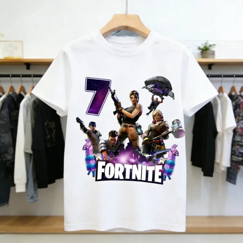 T-shirt de aniversário infantil Fortnites com número para menina e menino, roupa de verão em algodão para bebé, top de manga curta para festa, presente para criança pequena