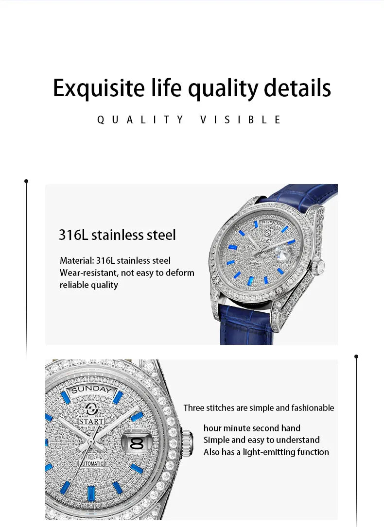 【START】Gypsophila Men's Watch Official Authentic Diamond Watch Waterproof Automatic Mechanical Watch Date Week Function