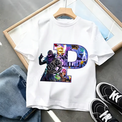 T-shirt Infantil Branco Fortnite com Estampado Alfabeto A-Z — Roupa de Verão, Jogo de Desenhos Animados Popular, Manga Curta Casual, Presente de Moda