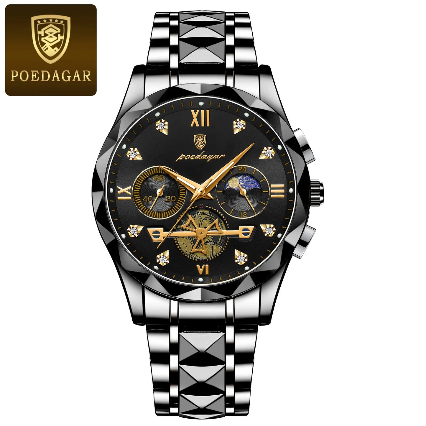 POEDAGAR Top High Quality Man Wristwatch Stainless Steel Chronograph Business Men Watch Waterproof Luminous Quartz Men's Watches