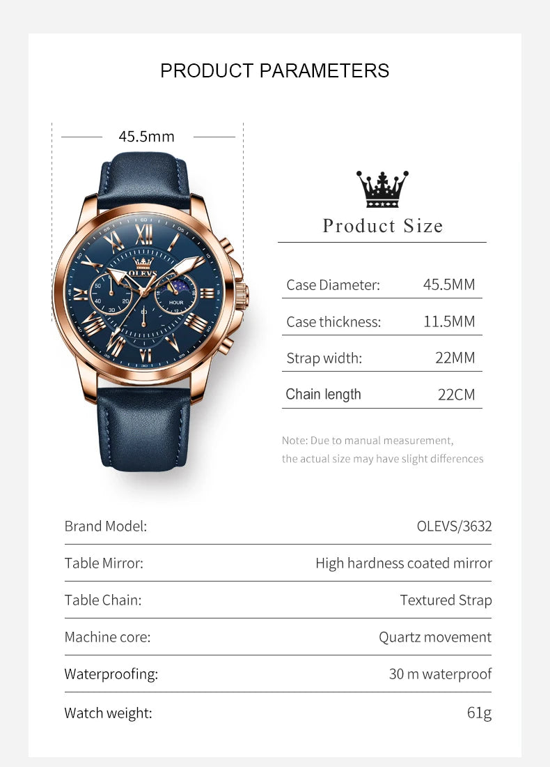 OLEVS 3632 Men Watch Elegant Luxury Sport Quartz Watch Scale Waterproof Luminous Automatic Date Moon Belt Watch Gifts Original