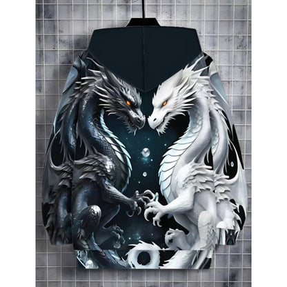 Mens Dragon Print Zipper Hoodie Outdoor Activities Travel Drawstring Long Sleeve Hoodies Autumn Winter Oversize Man Sweatshirts
