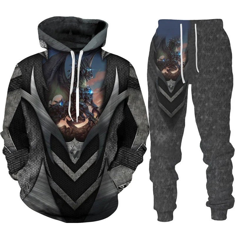 Conjunto de fato de treino para homem e mulher com estampado 3D de dragão retro tatuado, hoodie casual + calças, conjunto de 2 peças, sweatshirt oversized, moda masculina