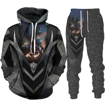 Conjunto de fato de treino para homem e mulher com estampado 3D de dragão retro tatuado, hoodie casual + calças, conjunto de 2 peças, sweatshirt oversized, moda masculina
