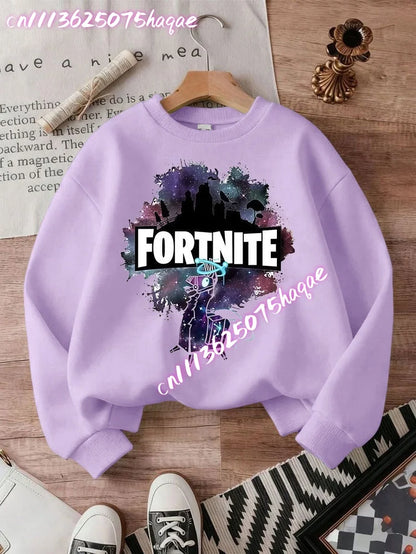 Sweat-shirts Fortnite novos para criança, hoodie com estampado de personagens de jogo em estilo cartoon, tops casuais de outono para criança, roupa de inverno para bebé menino
