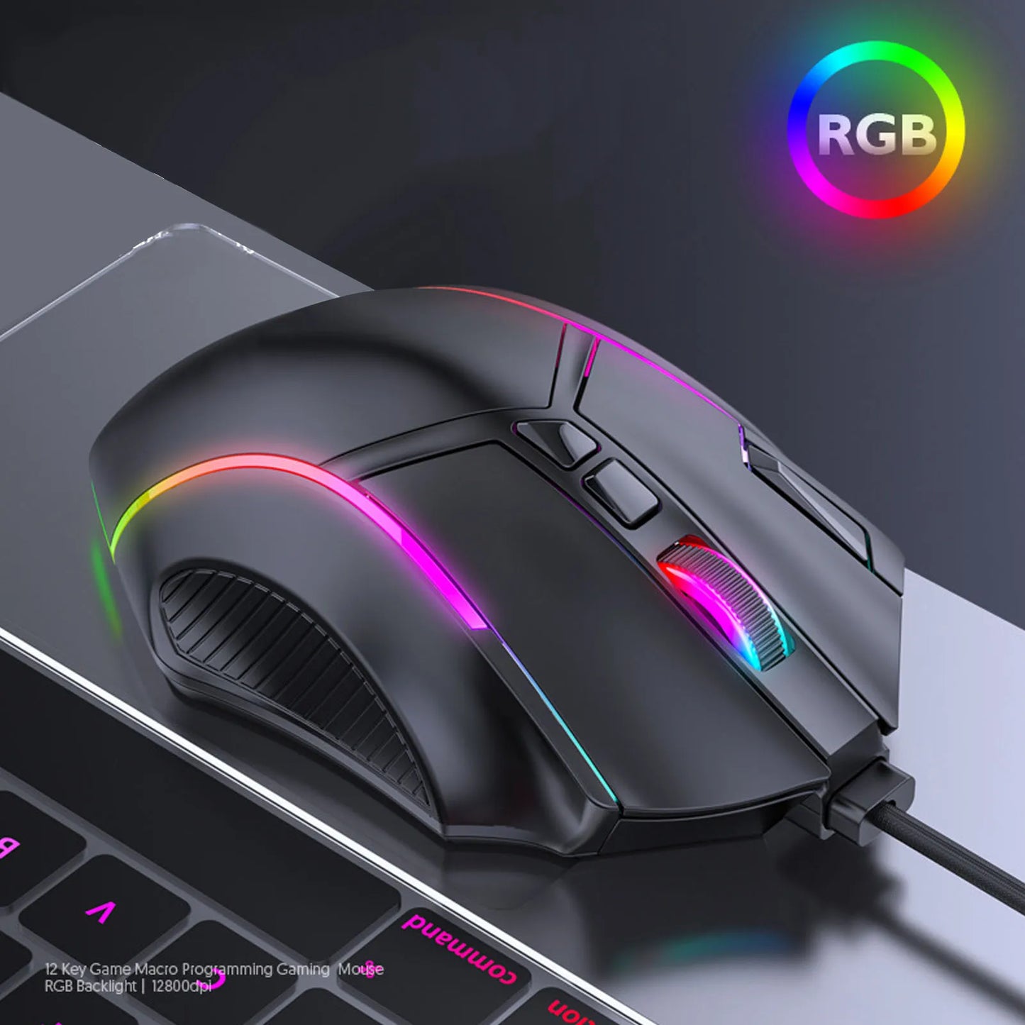 Rato Gaming RGB com Fio 12800DPI, 12 Teclas com Definição de Macros, Acessórios de Substituição para Computador, Funcionamento Fotoelétrico