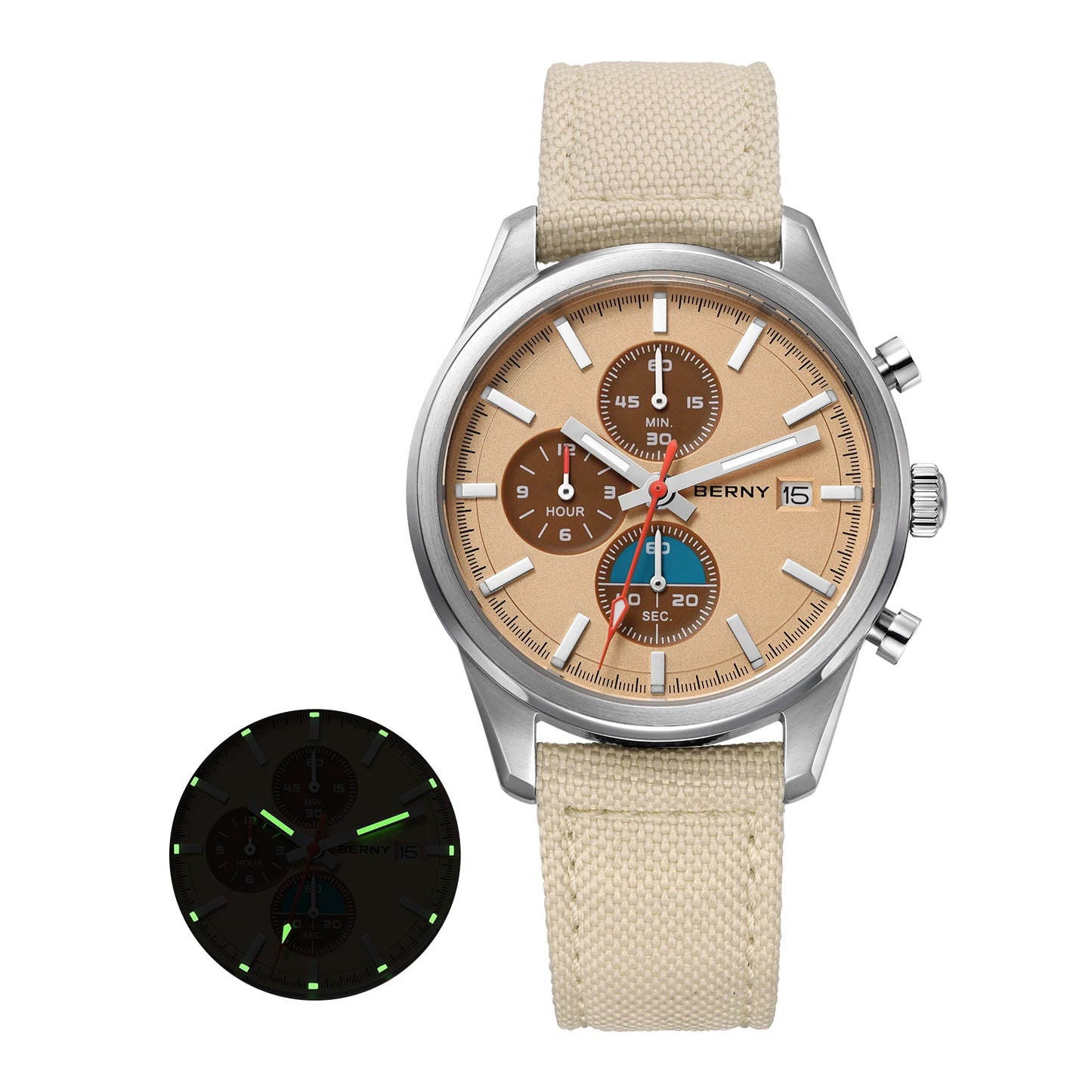 BERNY Chronograph Watch for Men/Women 37mm Dial Woven Fabric Sapphire AR Coated 5ATM Fashion Sport Calendar 316L Couple Watch