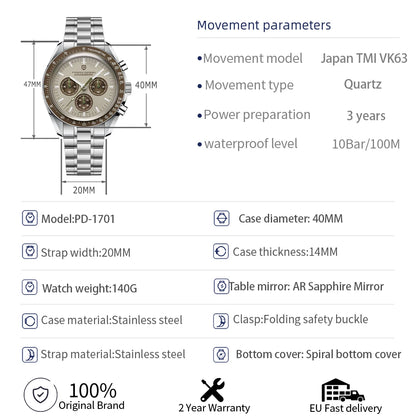 PAGANI DESIGN 2026 New Saturn Men's Watches Quartz Watch For Men Light Tan Sport Chronograph AR Sapphire Crystal Wrist Watch Men