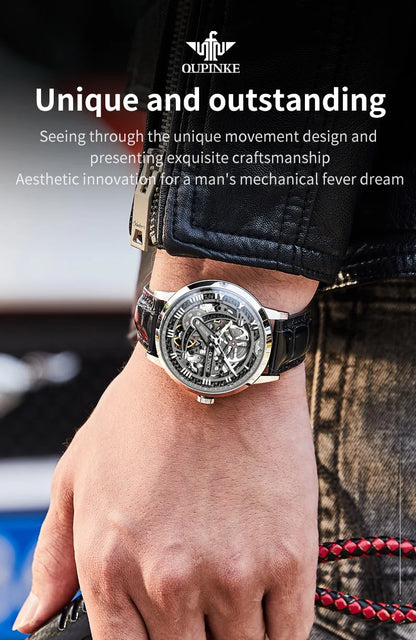 OUPINKE 3173 Skeleton Automatic Mechanical Watch Luxury Brand 50M Waterproof Watch Leather Strap Mens Watch Box Gifts Reloj