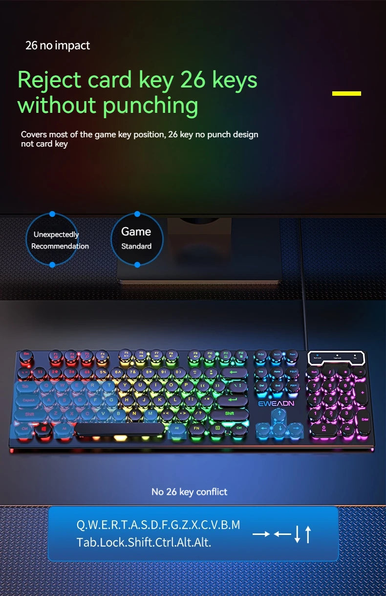 EWEADN GX330 Typewriter Gaming Keyboard, 104 Keys Wired Retro Punk Round Keycaps, with RGB Backlit, for Windows Laptop PC Black