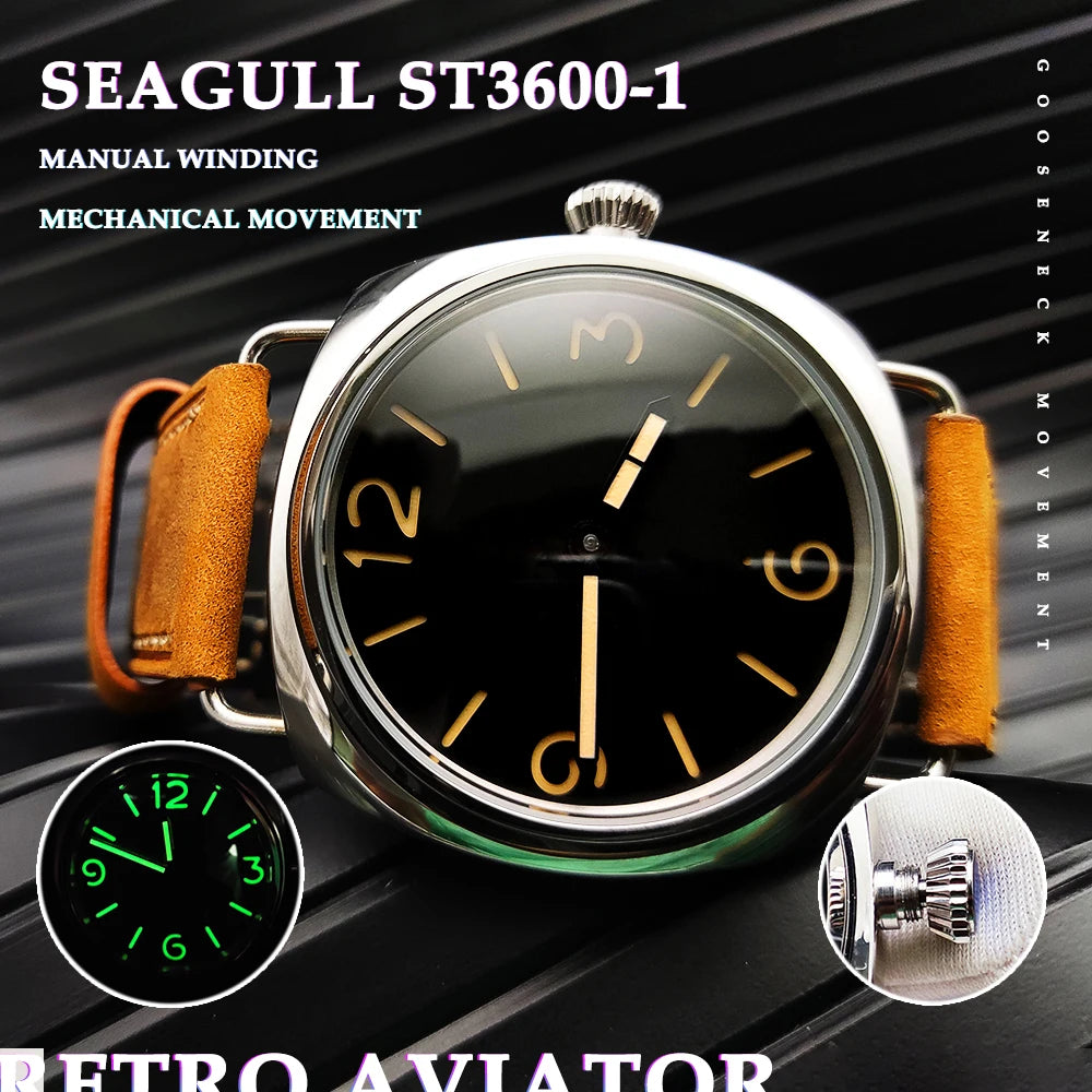 45mm Men's Vintage Pilot ST3600-1 Hand-Wound Mechanical Movement Luminous Sterile Dial Green Strap Men's Watch
