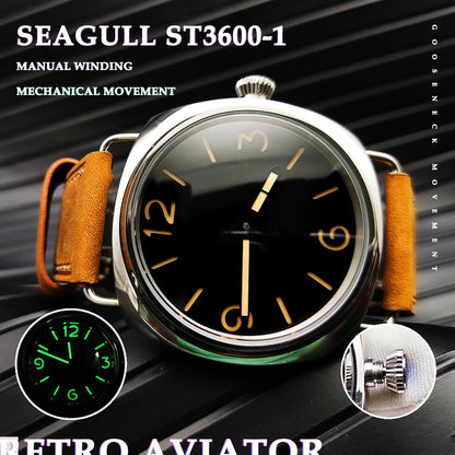 45mm Men's Vintage Pilot ST3600-1 Hand-Wound Mechanical Movement Luminous Sterile Dial Green Strap Men's Watch