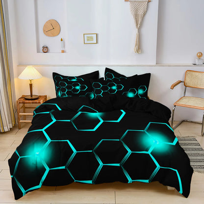 3pcs Geometric 3D Hexagonal Honeycomb Pattern Duvet Cover Set, Digital Print Colorful Polyester Bedding with Zipper Closure