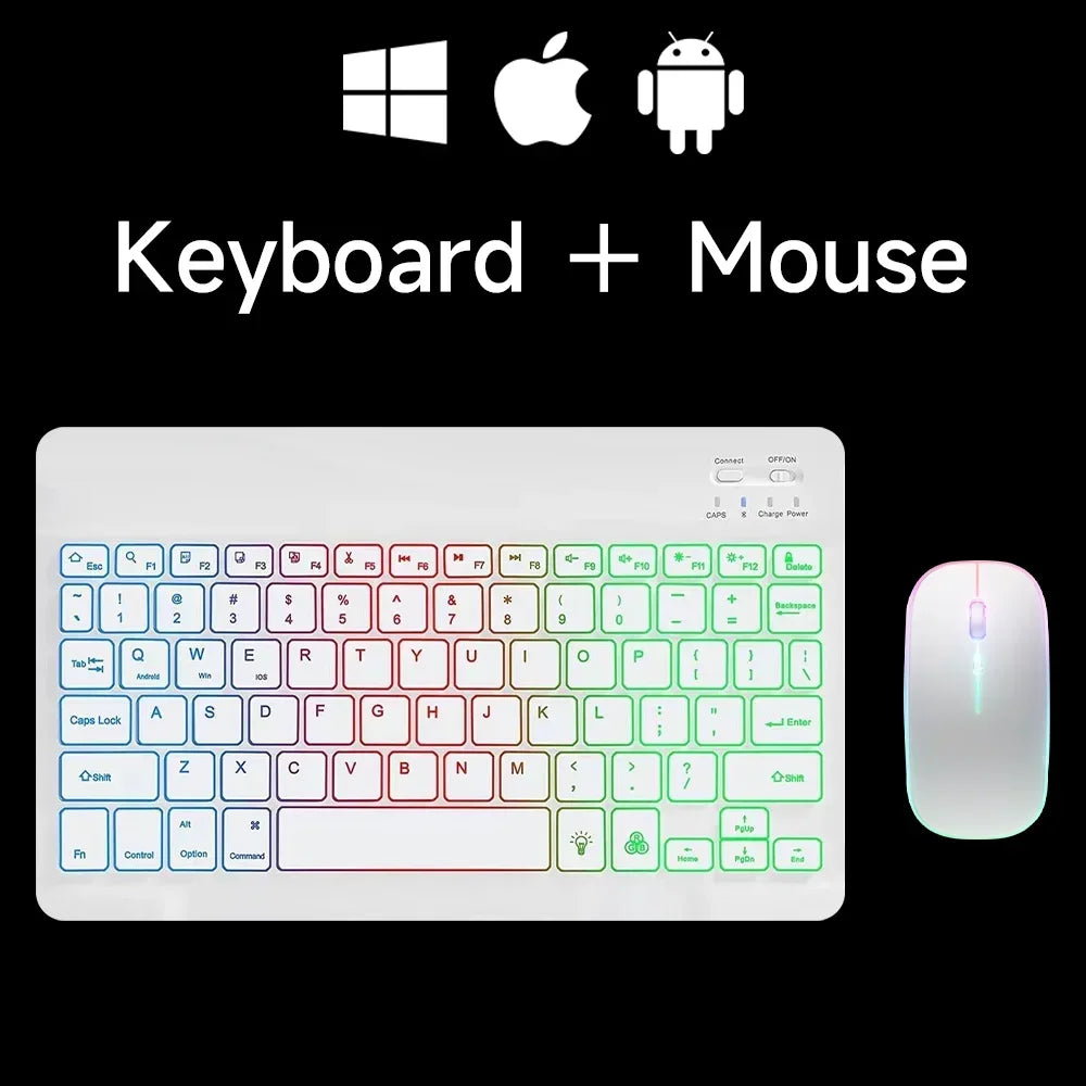Mini Backlit RGB 10-inch Bluetooth Keyboard Wireless Mouse Rechargeable for Spanish Russian Hebrew Korean French Arabic Portuguese