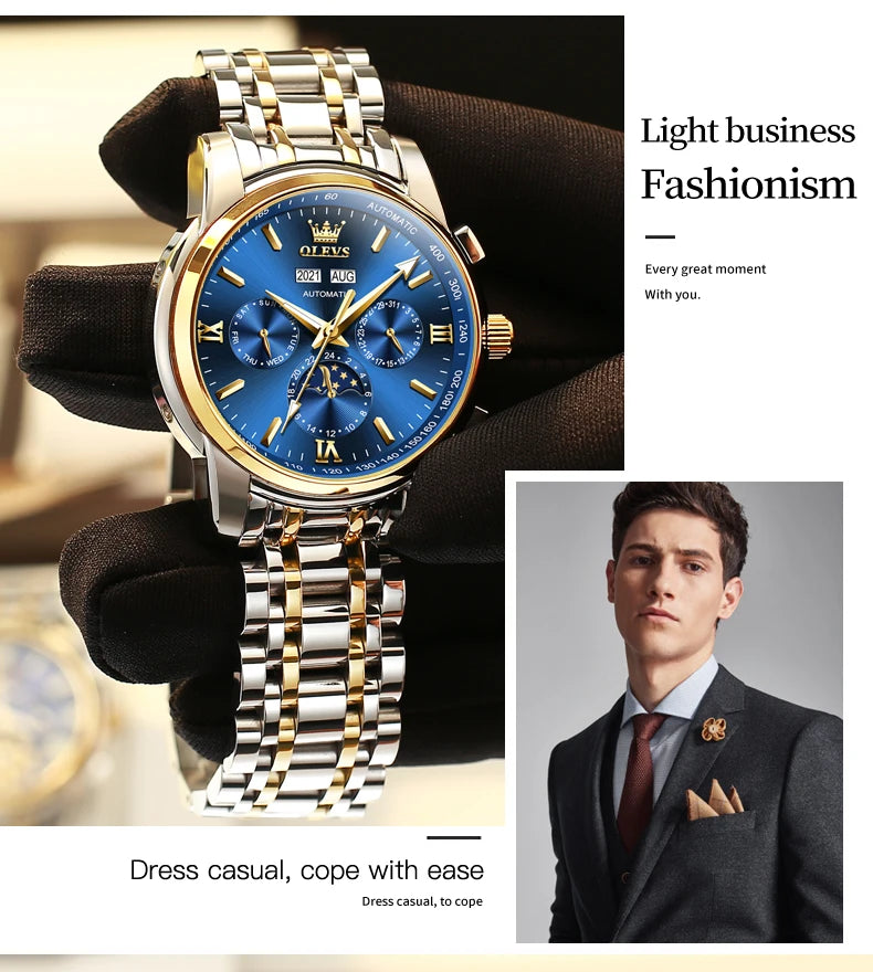 OLEVS 6633 Luxury Men's Watches Automatic Green Watch Men Stainless Steel Waterproof Business Sport Mechanical Wristwatch 6633