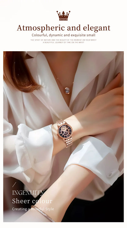 OLEVS Brand Fashion Women Mechanical Watches Starry Sky Dial Diamond Automatic Wristwatch Ladies Waterproof Luminous Clock Women