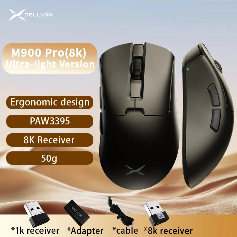 Rato Gaming Sem Fios Delux M900PRO Versão Ultraleve Ergonómico 1K/8K Polling Rate 50g PAW3395 para Destro com Mão Grande PC Gamer