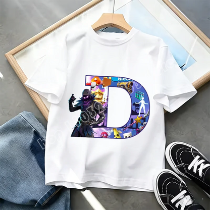 T-shirt Infantil Branco Fortnite com Estampado Alfabeto A-Z — Roupa de Verão, Jogo de Desenhos Animados Popular, Manga Curta Casual, Presente de Moda