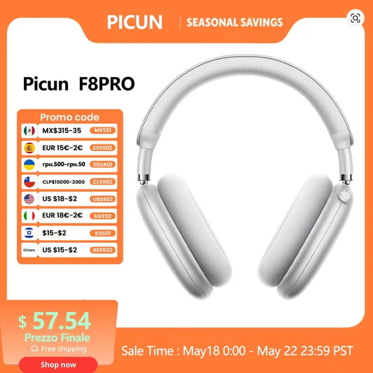 Cuffie wireless Picun F8 Pro ANC con head tracking, audio spaziale 3D, ANC -52dB, headset Bluetooth Hi-Fi, microfono HD ENC, app a bassa latenza