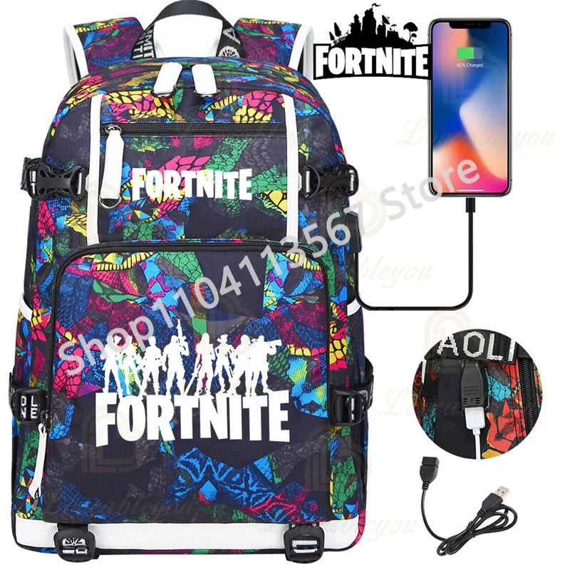 Mochila Yule Trooper F-Fortnited Battle Royale com carregamento USB, figuras anime e compartimento para material escolar para estudantes