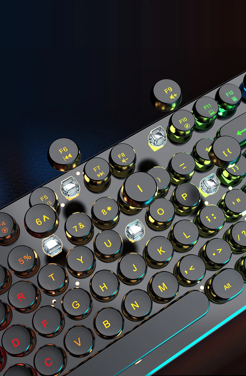 EWEADN GX330 Typewriter Gaming Keyboard, 104 Keys Wired Retro Punk Round Keycaps, with RGB Backlit, for Windows Laptop PC Black