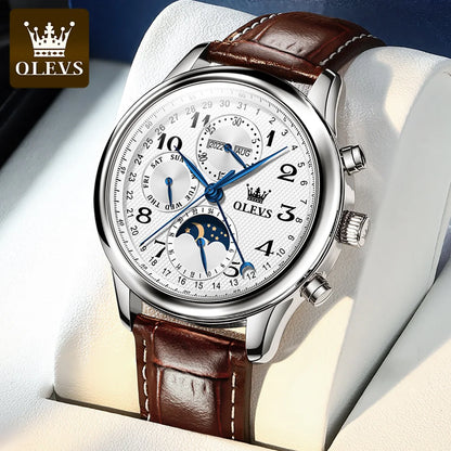 OLEVS 6667 Mens Watch Multifunctional Chronograph Mechanical Watch Leather Strap Moon Phase Watches For Man Luxury Original