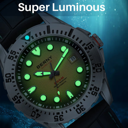 BERNY Automatic Diver Watch for Men Frosted Dial MIYOTA 8215 316L Supper Luminous Sapphire AR Fluororubber Men's Diving Watches