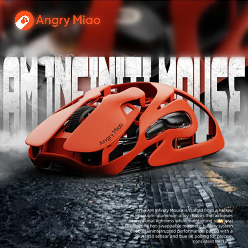 Rato Gaming Sem Fios Angry Miao Infinity, Metal Hot-Swappable, Ultraligeiro Oco, PAW3950, Dual 8K, Com Fio, Tri-Mode, Laranja