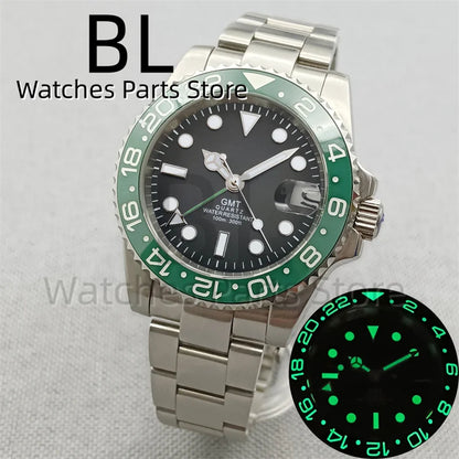 BLIGER 40mm 515 24H GMT Men's Watch Stainless Steel Clasp Luminous Quartz Movement Ceramic Bezel 10Bar Waterproof Sapphire Glass