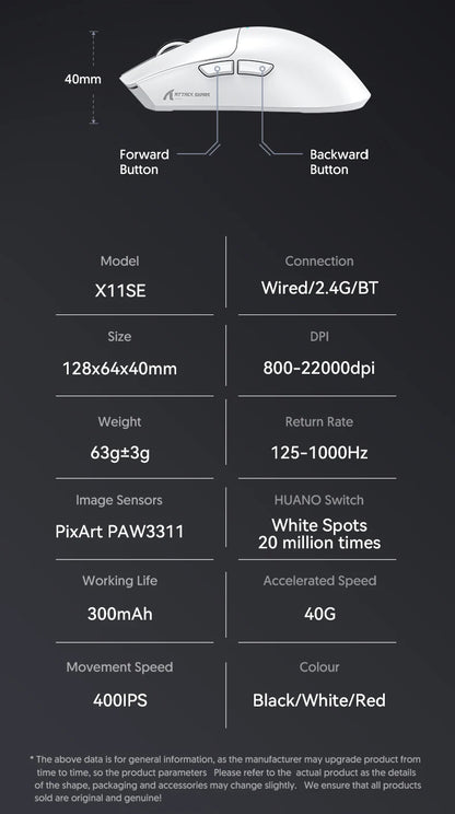 ATTACK SHARK X11SE trådlös gamingmus, Tri-Mode, 63g superlätt med PAW3311-sensor, 22000 DPI, 300mAh-batteri, dubbel drivrutin