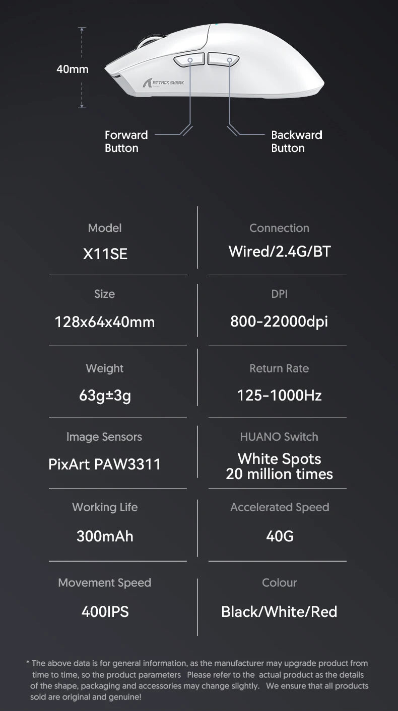 Безжична геймърска мишка ATTACK SHARK X11SE, Tri-Mode, суперлека 63g със сензор PAW3311, 22000 DPI, батерия 300mAh, двоен драйвер