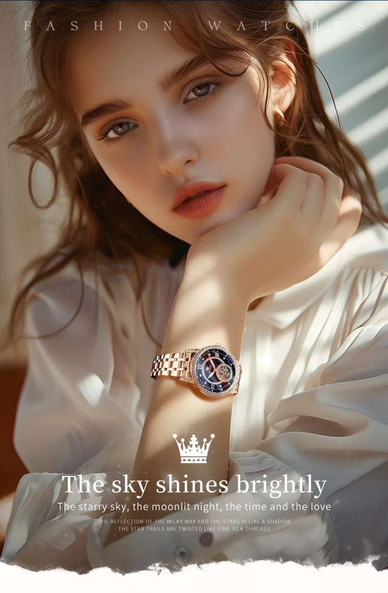 OLEVS Brand Fashion Women Mechanical Watches Starry Sky Dial Diamond Automatic Wristwatch Ladies Waterproof Luminous Clock Women