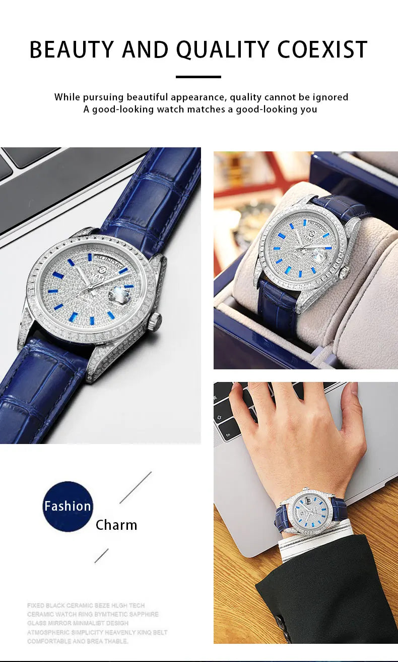【START】Gypsophila Men's Watch Official Authentic Diamond Watch Waterproof Automatic Mechanical Watch Date Week Function