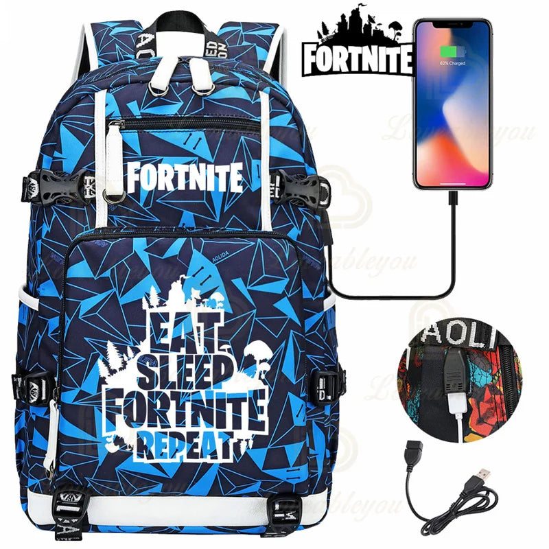Mochila Yule Trooper F-Fortnited Battle Royale com carregamento USB, figuras anime e compartimento para material escolar para estudantes