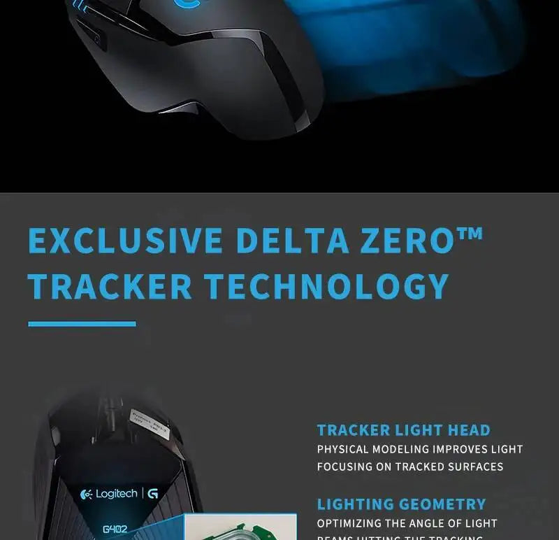 Rato Gaming com Fios Logitech G402, Processador ARM de 32-Bit, 8 Botões, 500 IPS, Antiderrapante, para Sessões de Gaming e Trabalho Durante Todo o Dia