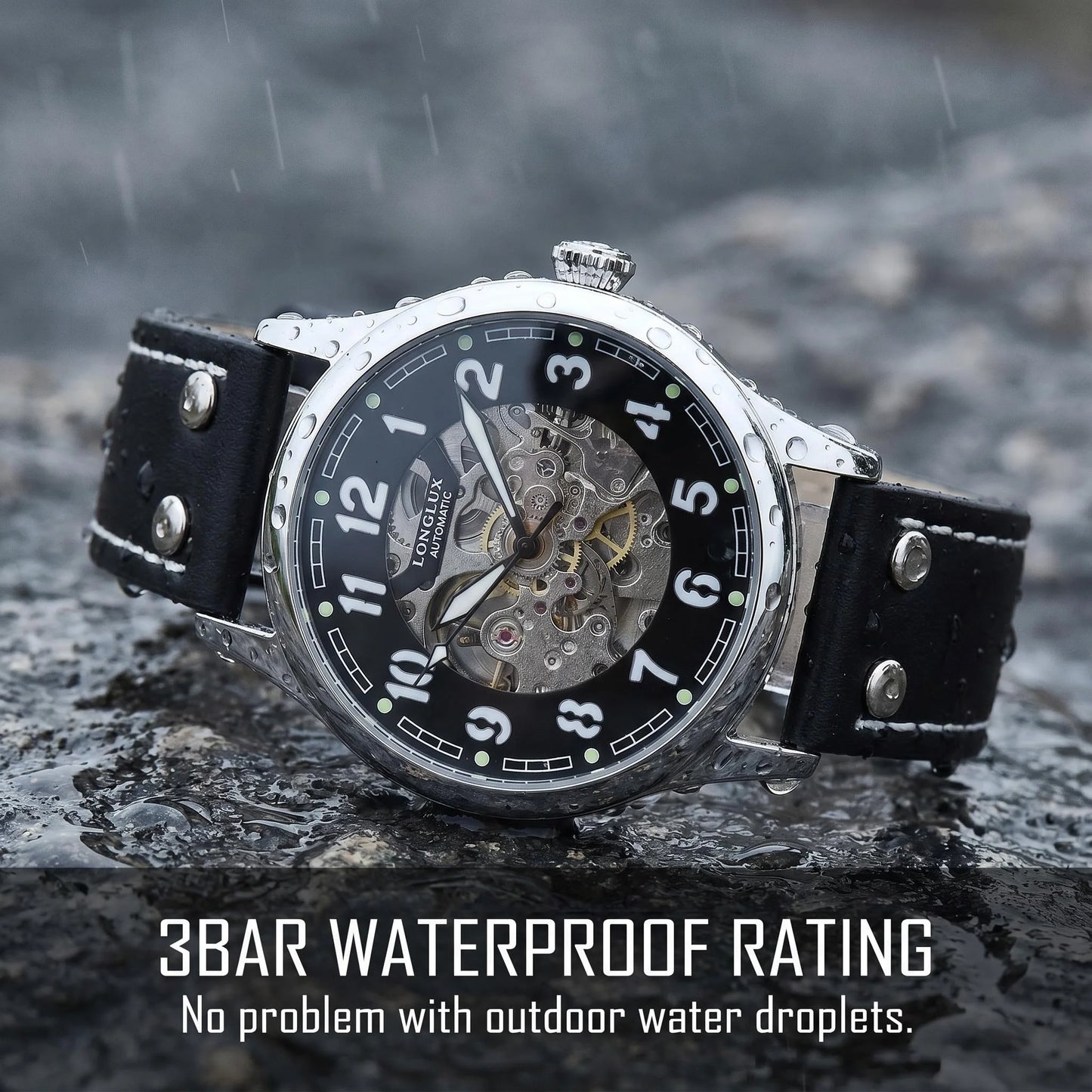 LONGLUX men automatic watch vintage pilot tough guy mechanical watches skeleton waterproof luminous leather gift