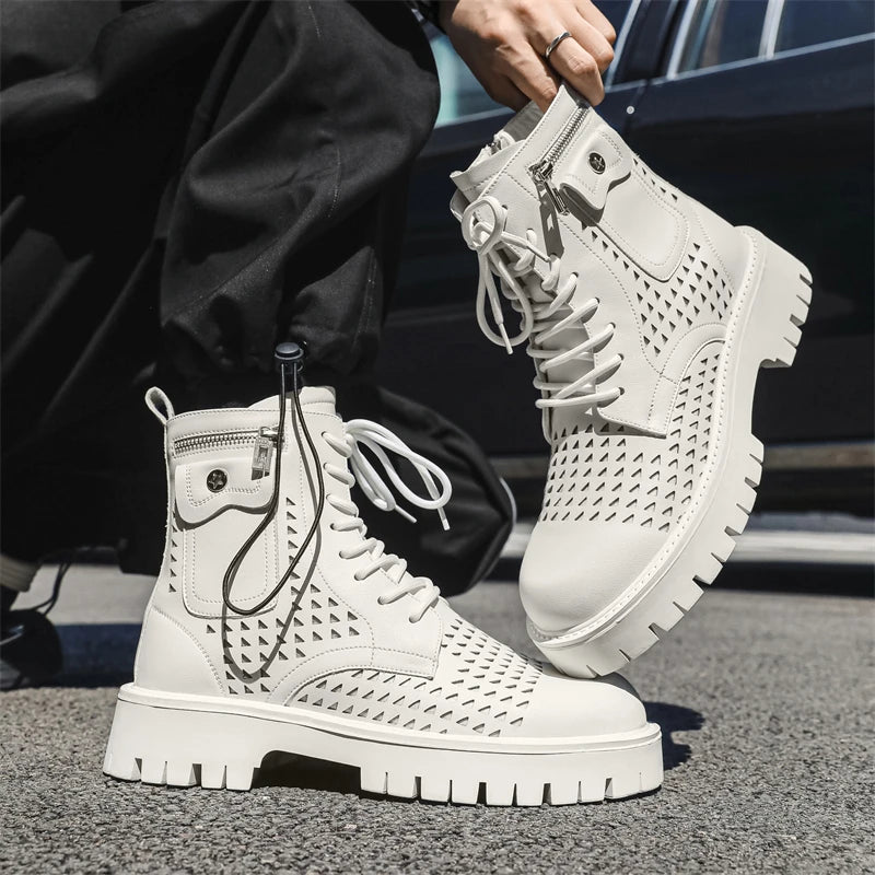 Non-Slip Men's High Top Casual Leather Shoes Street Style Motorcycle Boots New Stylish Ankle Boots Thick Bottom Walking Footwear
