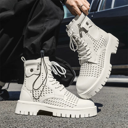 Non-Slip Men's High Top Casual Leather Shoes Street Style Motorcycle Boots New Stylish Ankle Boots Thick Bottom Walking Footwear