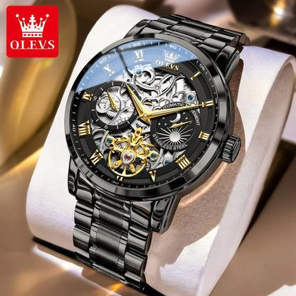 OLEVS 6670 Mens Watch Luxury Brand Skeleton Mechanical Watch Moon Phase Stainless Steel Watches For Man Gifts Box High Quality