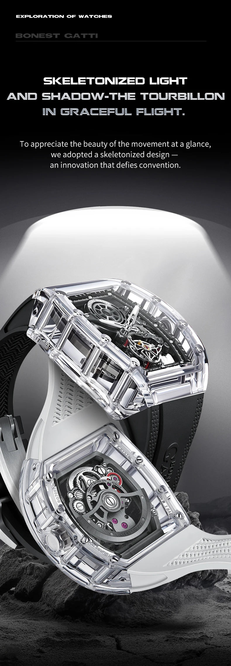BONEST GATTI Automatic Movement Tourbillon Mechanical Wristwatch Crystal Case Luminous Watch Fluororubber Strap Watches for Men